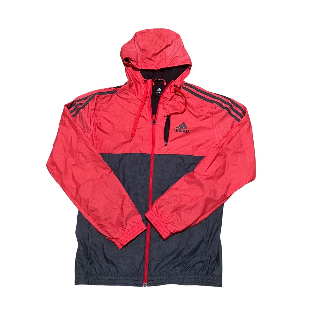 Adidas Mens Windbreaker Jacket Red Grey Colorblock Hooded Full Zip Small